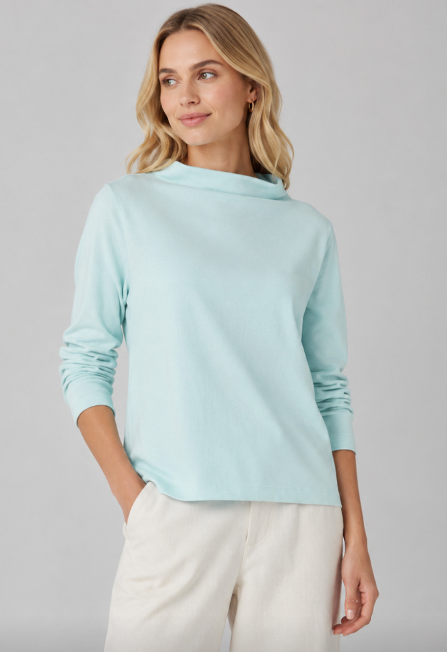 EILEEN FISHER ABSINTHE GREEN GARMENT DYED COTTON TERRY FUNNEL NECK TOP XL